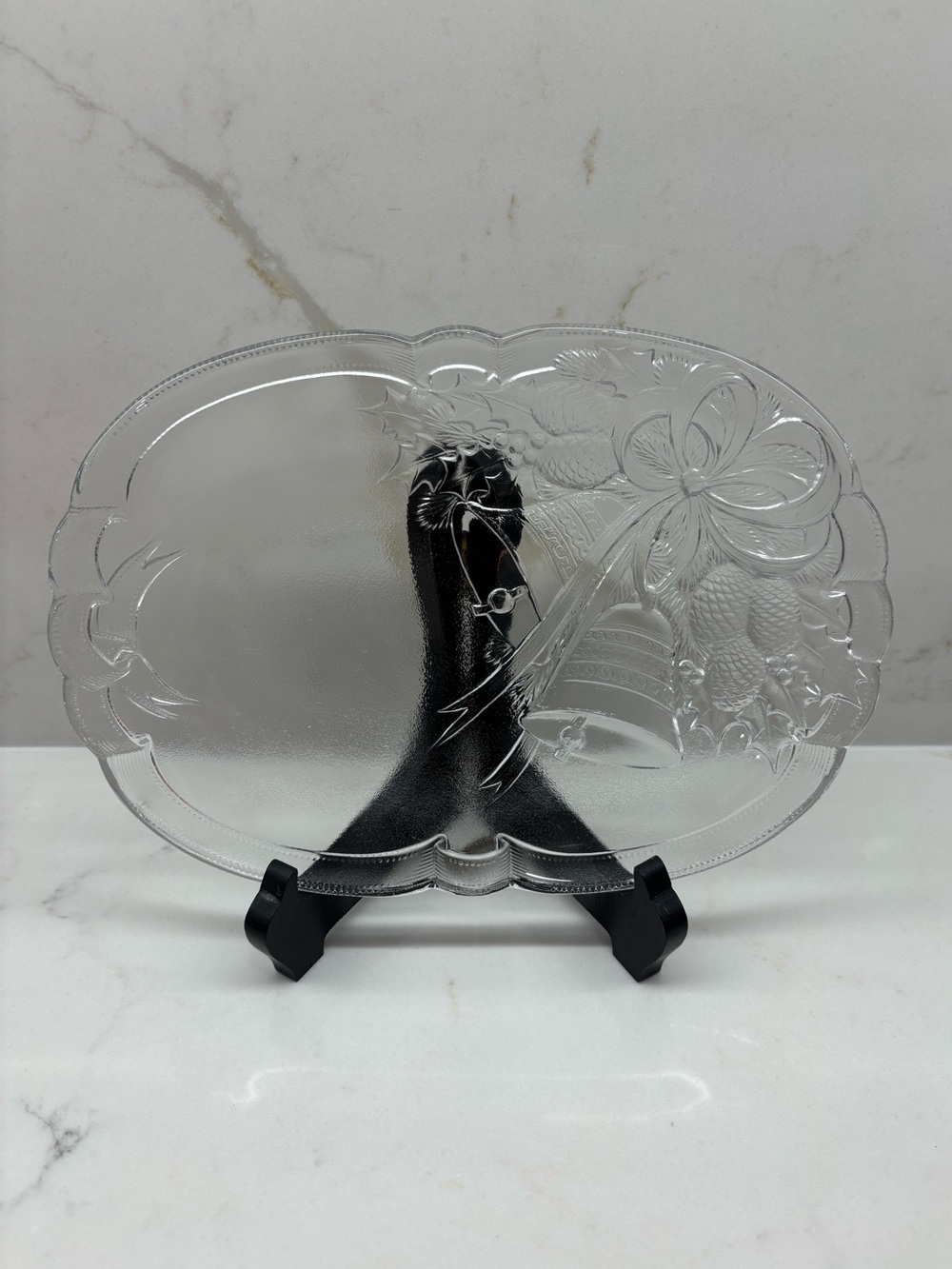 Vintage Mikasa Holiday Bells Oblong Crystal Cut Glass Christmas Plate in Box